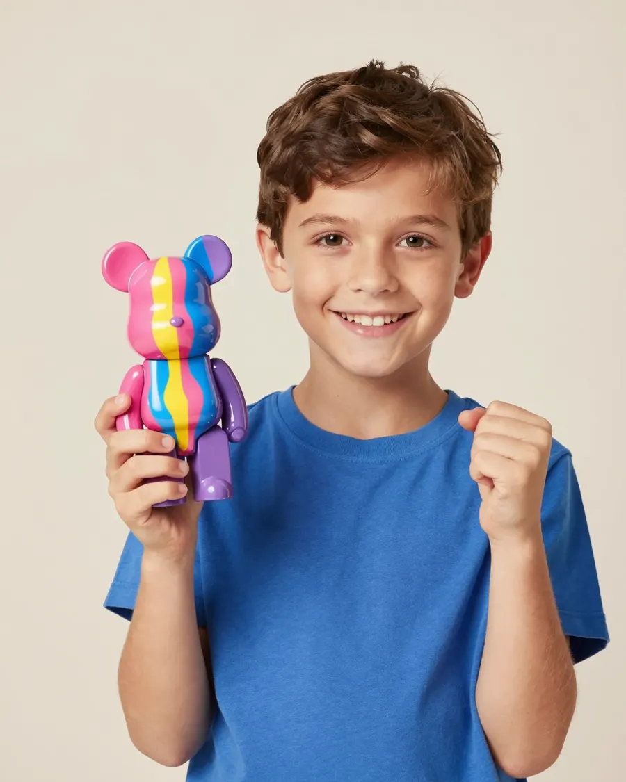 A child holding up a toy bear covered in poured rainbow paint