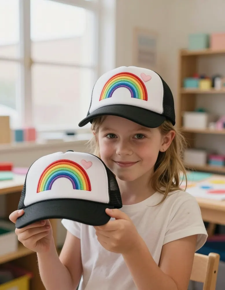 A girl in a patched trucker cap holding a second cap