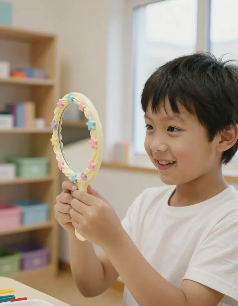 A boy showing off his decoden hand mirror