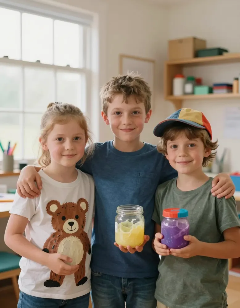 Three kids hugging, each holding what they made