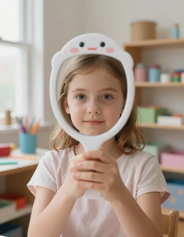 A girl peeking through her decorated hand mirror