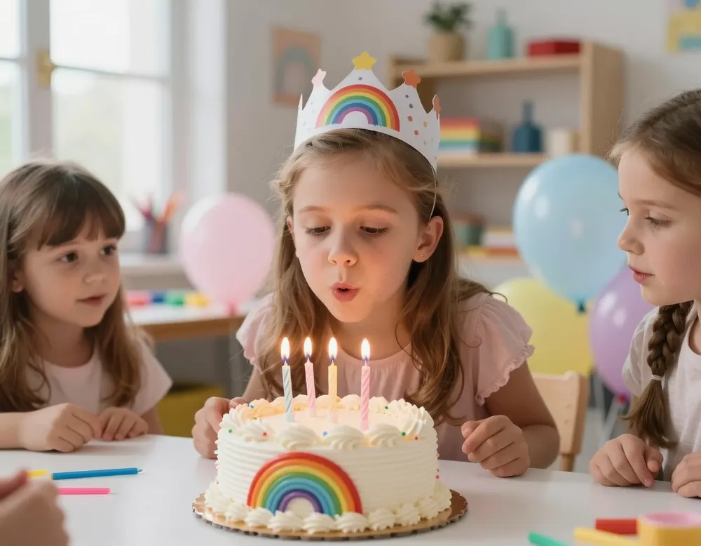 A birthday girl blowing out candles on a sprinkle cake