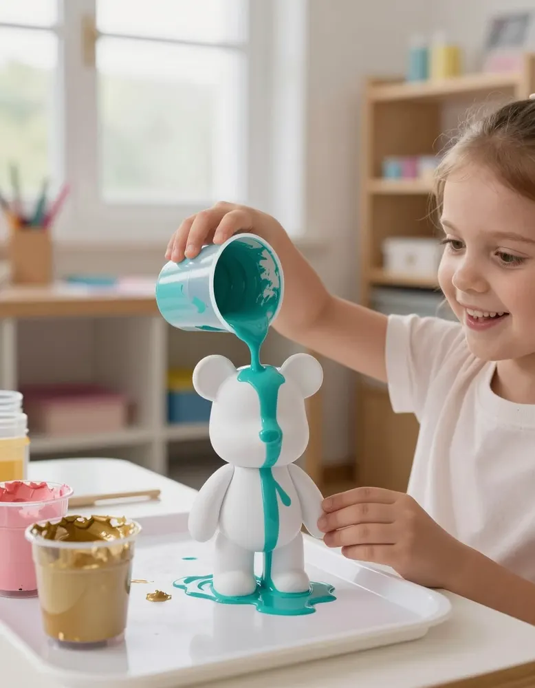 A girl pouring teal paint over a plain white toy bear