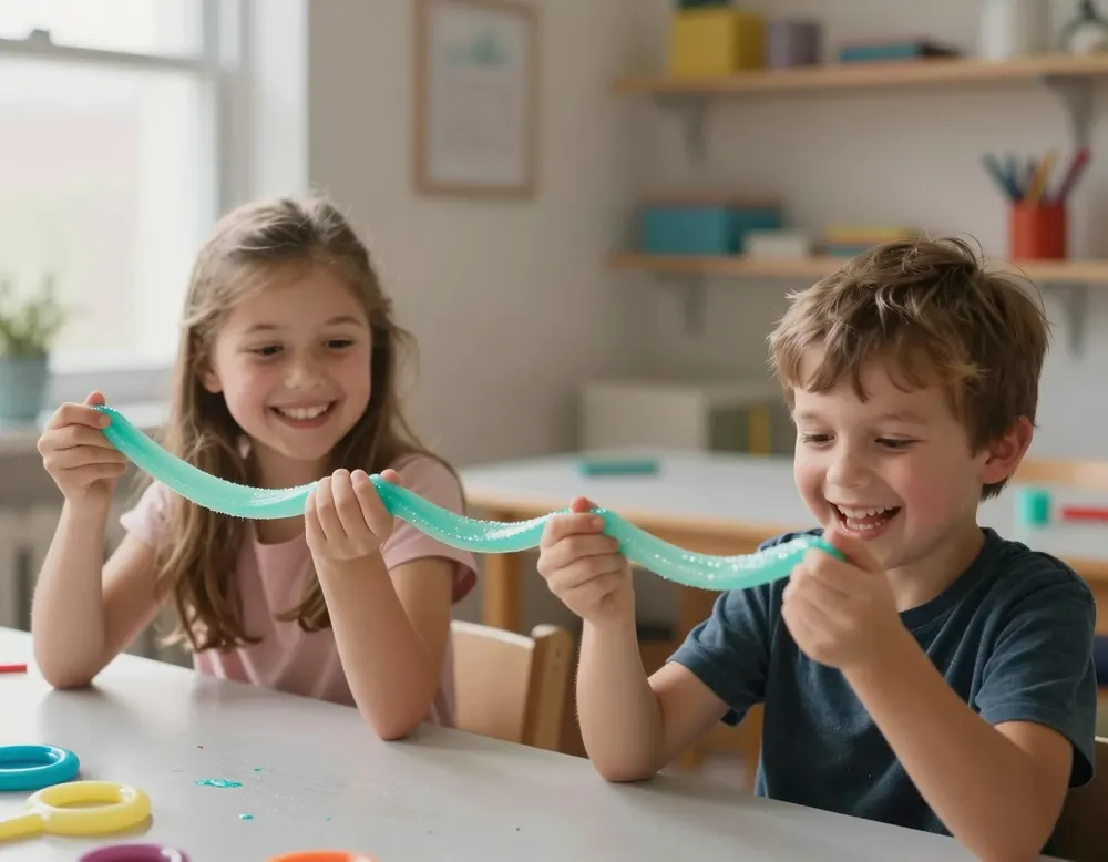 Two kids stretching teal glitter slime between them