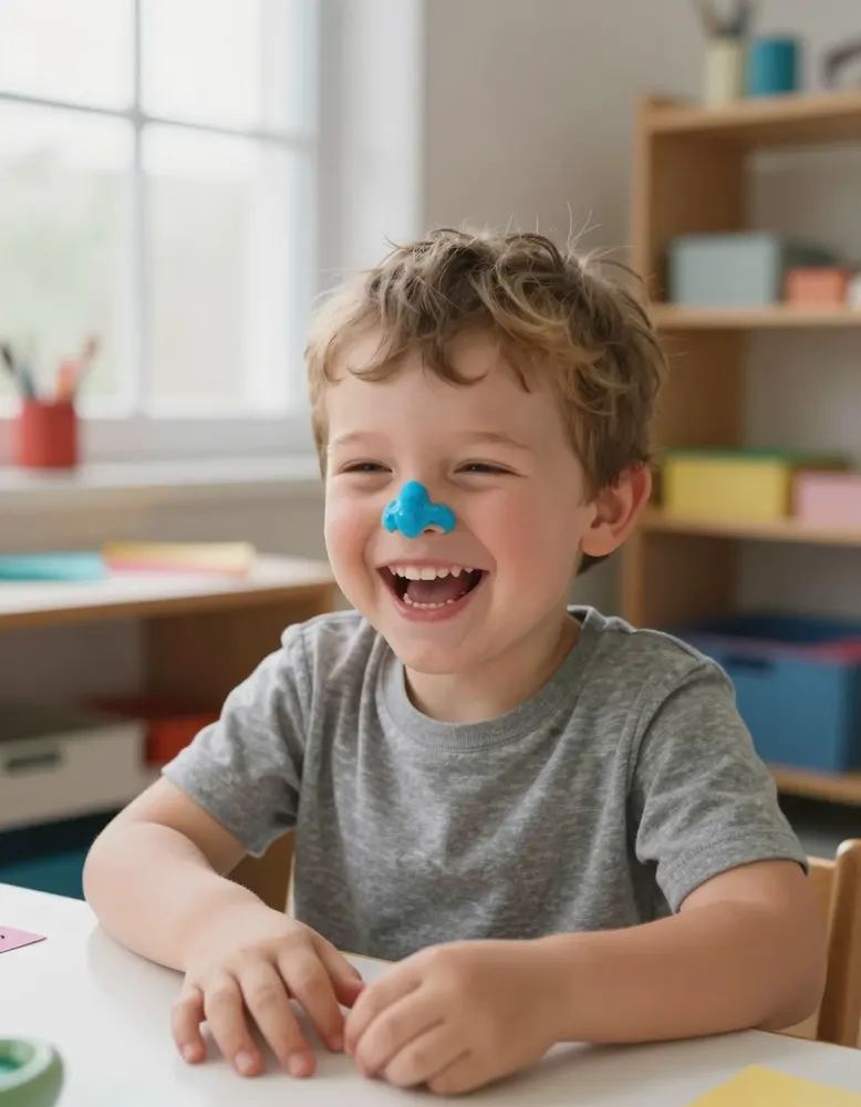 A boy laughing with slime on his nose